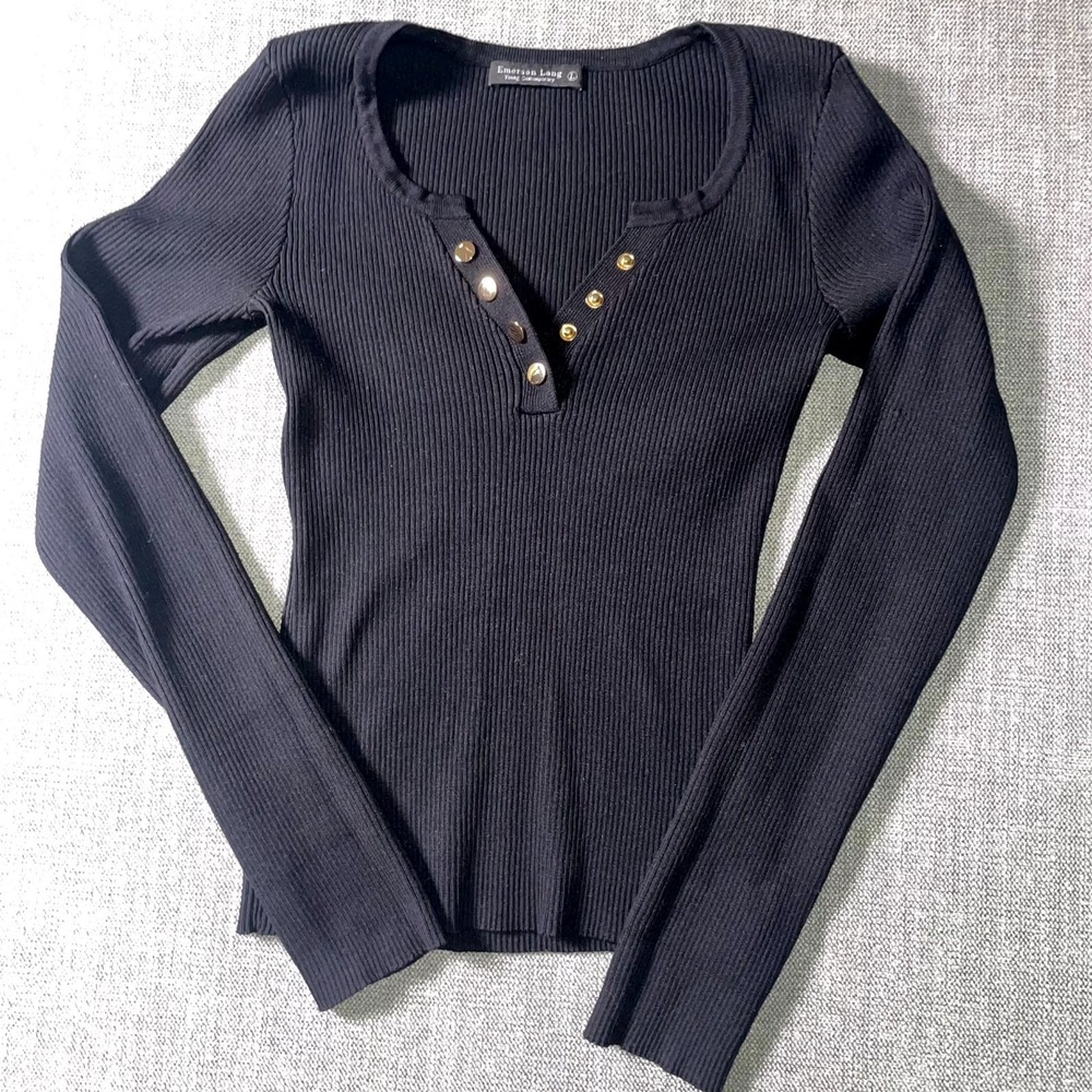 Emerson Lang Ribbed Knit Top Womens large Black Henley Neck Long Sleeve Casual